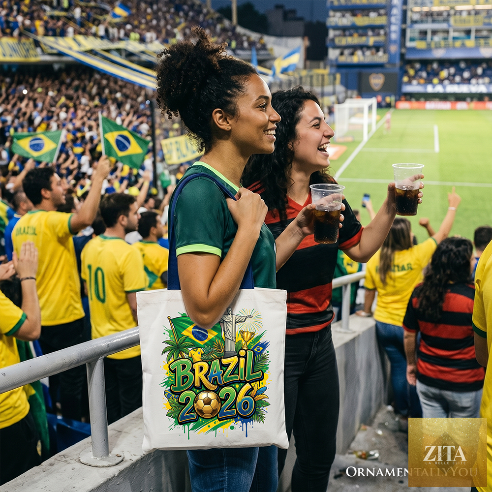 White navy Brazil 2026 Soccer Cup tote bag by OrnamentallyYou featuring global championship design, perfect for football fans.