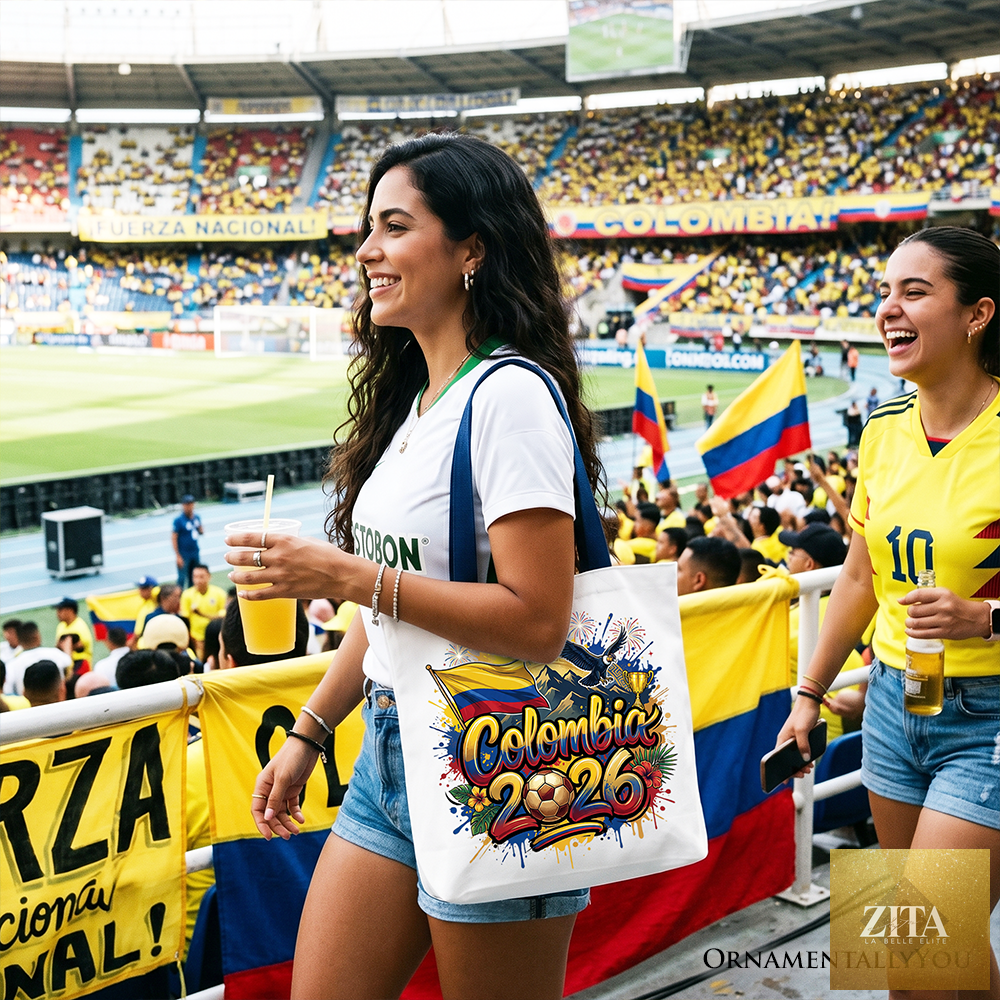 White and navy Colombia 2026 Soccer Cup tote bag by Zita La Belle Elite, featuring football championship graphics and fan design.
