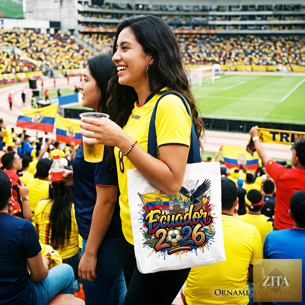 White navy Ecuador 2026 Soccer Cup tote bag by Zita La Belle Elite, featuring global championship and fan football design.