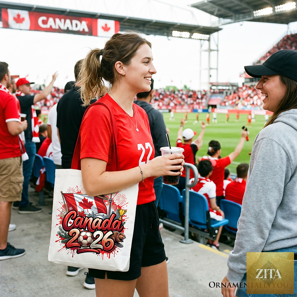 White Canada 2026 Soccer Cup tote bag by OrnamentallyYou with red accents, featuring global championship and football fan design.