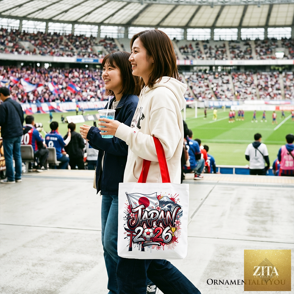 White Japan 2026 Soccer Cup tote bag by Zita La Belle Elite, featuring Japan 2026 Soccer Cup design for fans and football enthusiasts.