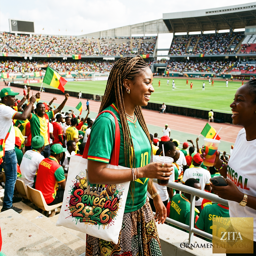Zita La Belle Elite Senegal 2026 Soccer Cup tote bag with white and red design, ideal for fans and football enthusiasts.
