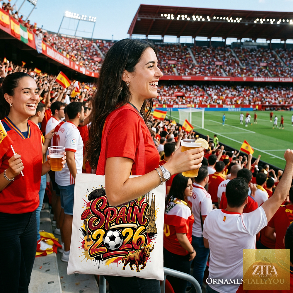 White Spain 2026 Soccer Cup tote bag by OrnamentallyYou featuring red accents, perfect for fans and football gift shoppers.