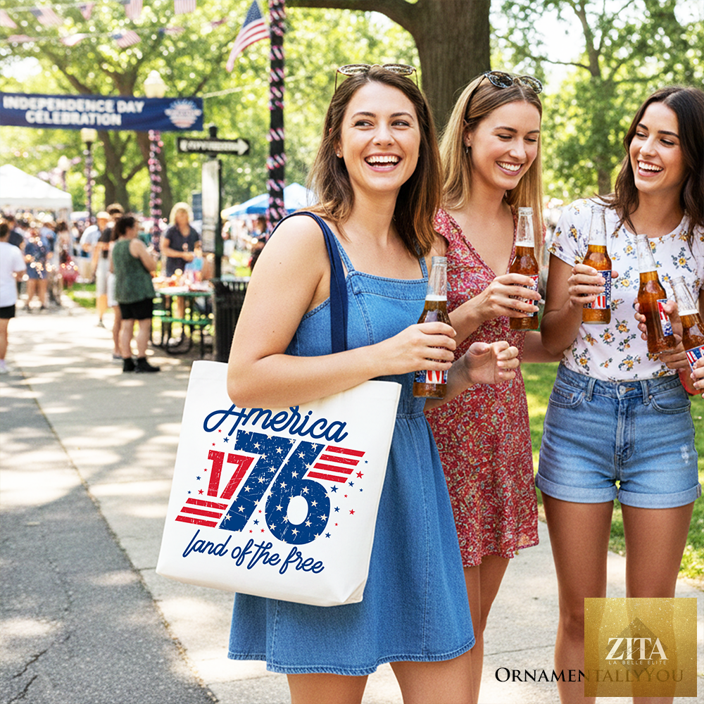 Vintage America 1776 Land of the Free tote bag by Zita La Belle Elite featuring patriotic design for 4th of July celebrations.