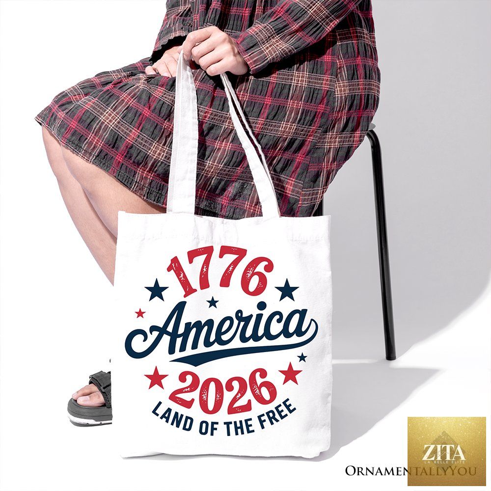 Patriotic America 1776-2026 canvas tote bag with stars and stripes design, celebrating 250 years of independence.