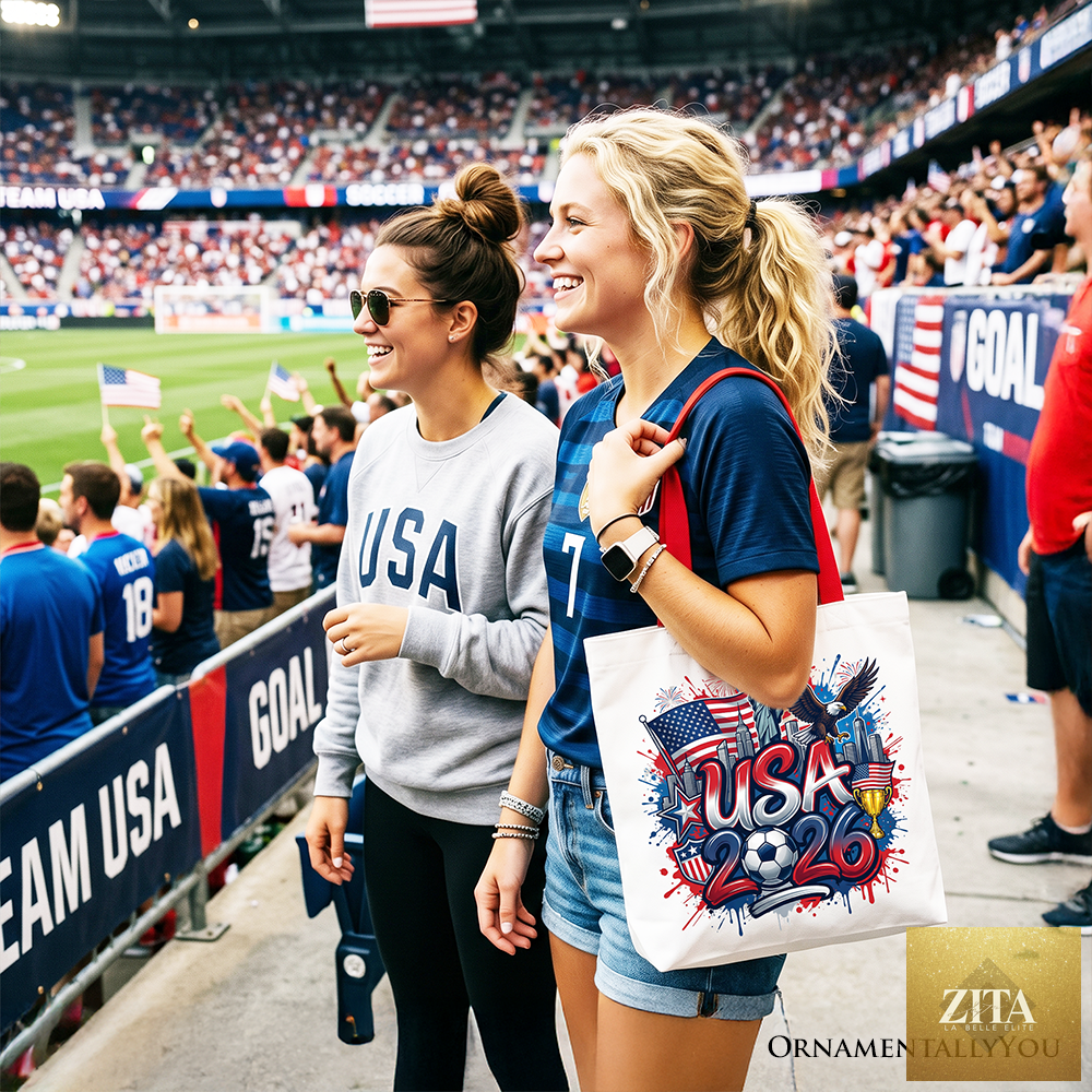 White and red USA 2026 Soccer Cup tote bag by Zita La Belle Elite, featuring football-themed design for fans and shoppers.