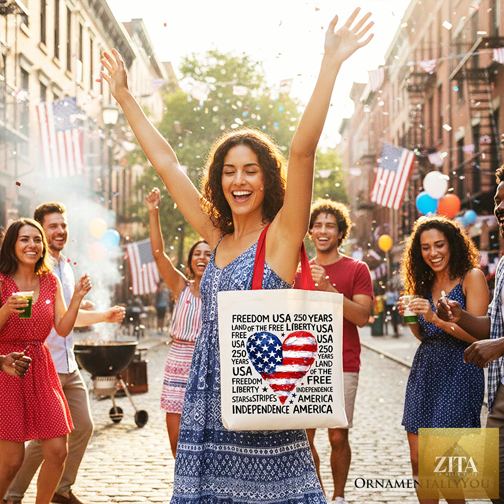 White and red USA 250 heart patriotic tote bag by OrnamentallyYou with retro 4th of July design, ideal for shopping and celebrations.