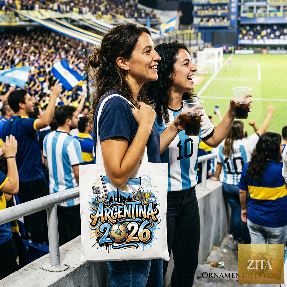 White Argentina 2026 Soccer Cup tote bag by OrnamentallyYou, featuring team logo and football-themed design for fans.