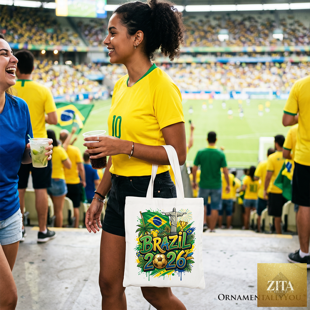 White Brazil 2026 Soccer Cup tote bag by OrnamentallyYou featuring global championship graphics for football fans.
