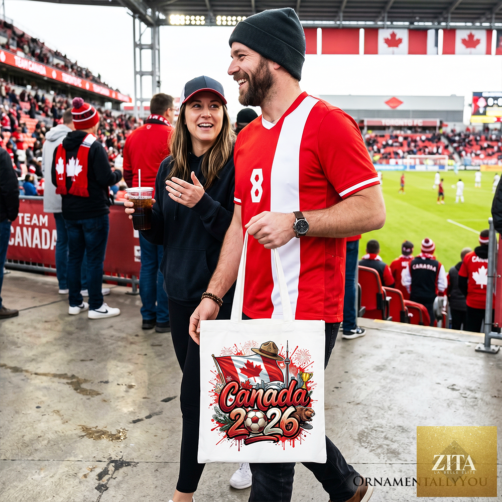 White Canada 2026 Soccer Cup tote bag by OrnamentallyYou featuring global championship and football design for fans.