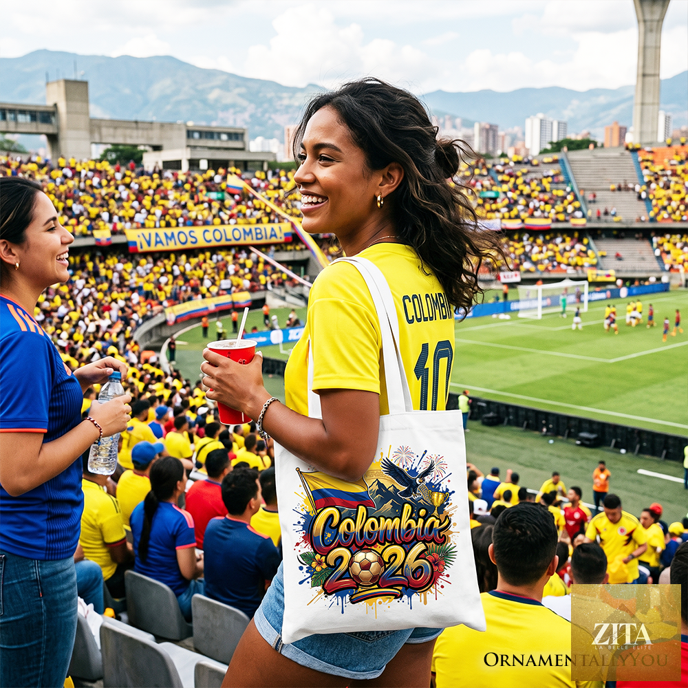 White Colombia 2026 Soccer Cup tote bag by Zita La Belle Elite, featuring global championship graphics, ideal for football fans.