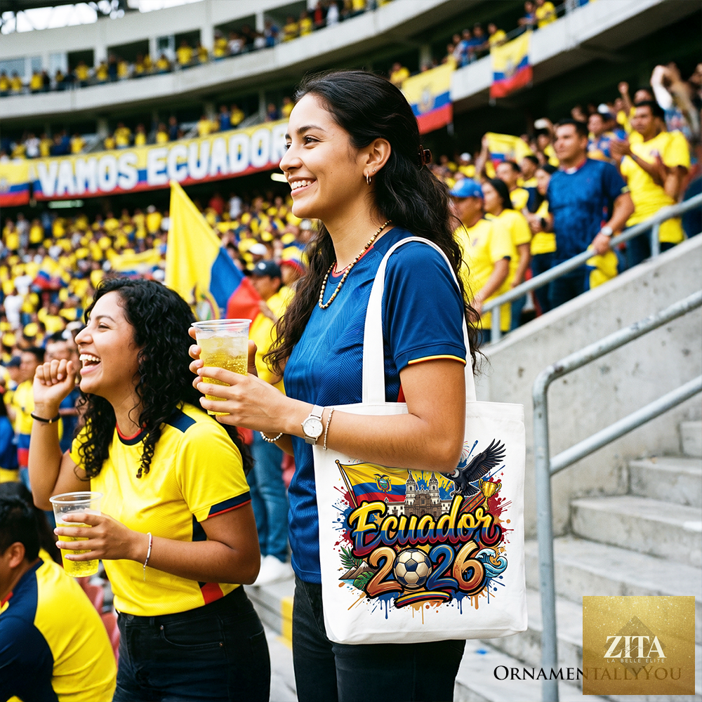 White Ecuador 2026 Soccer Cup tote bag by Zita La Belle Elite, featuring global championship and football fan design.