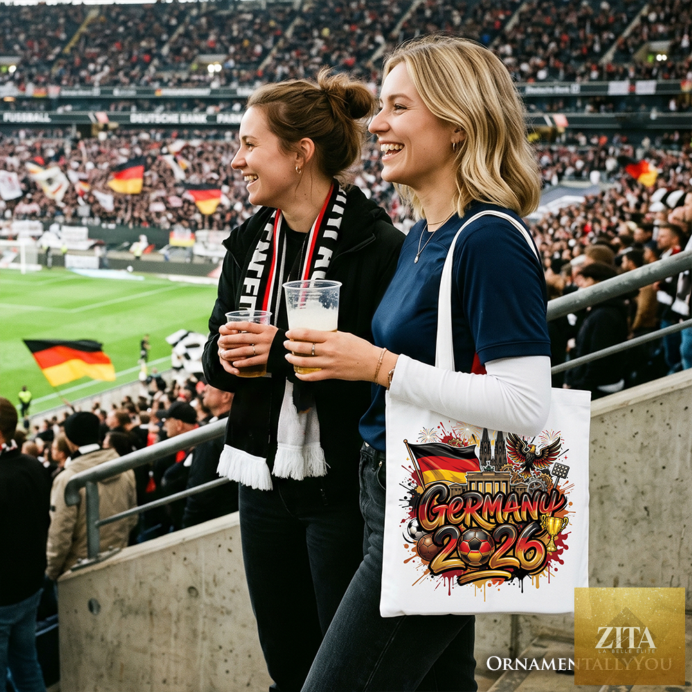 White Germany 2026 Soccer Cup tote bag by Zita La Belle Elite, featuring a global championship design for football fans.