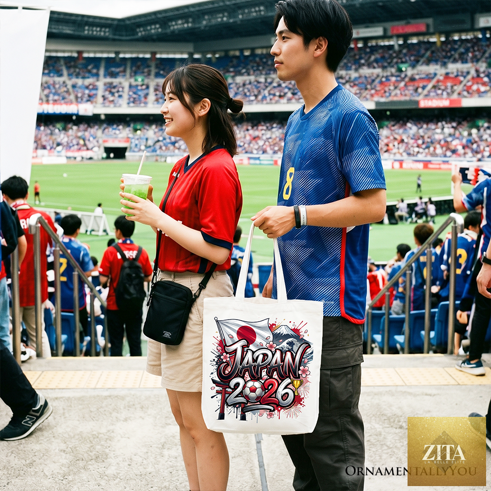 White Japan 2026 Soccer Cup tote bag by Zita La Belle Elite with global championship graphics for football fans and shoppers.