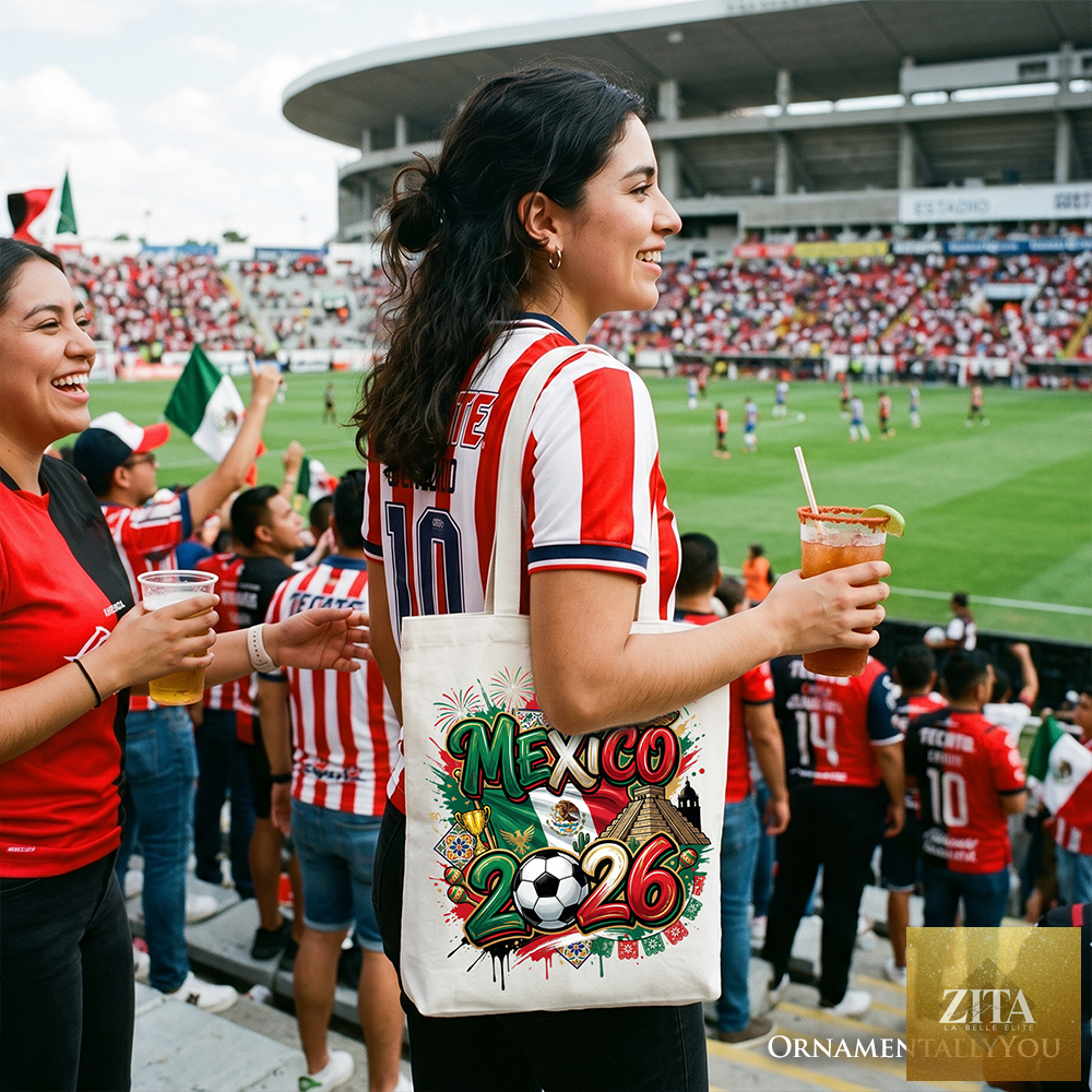 White Mexico 2026 Soccer Cup tote bag by Zita La Belle Elite, featuring global championship design for football fans and shoppers.