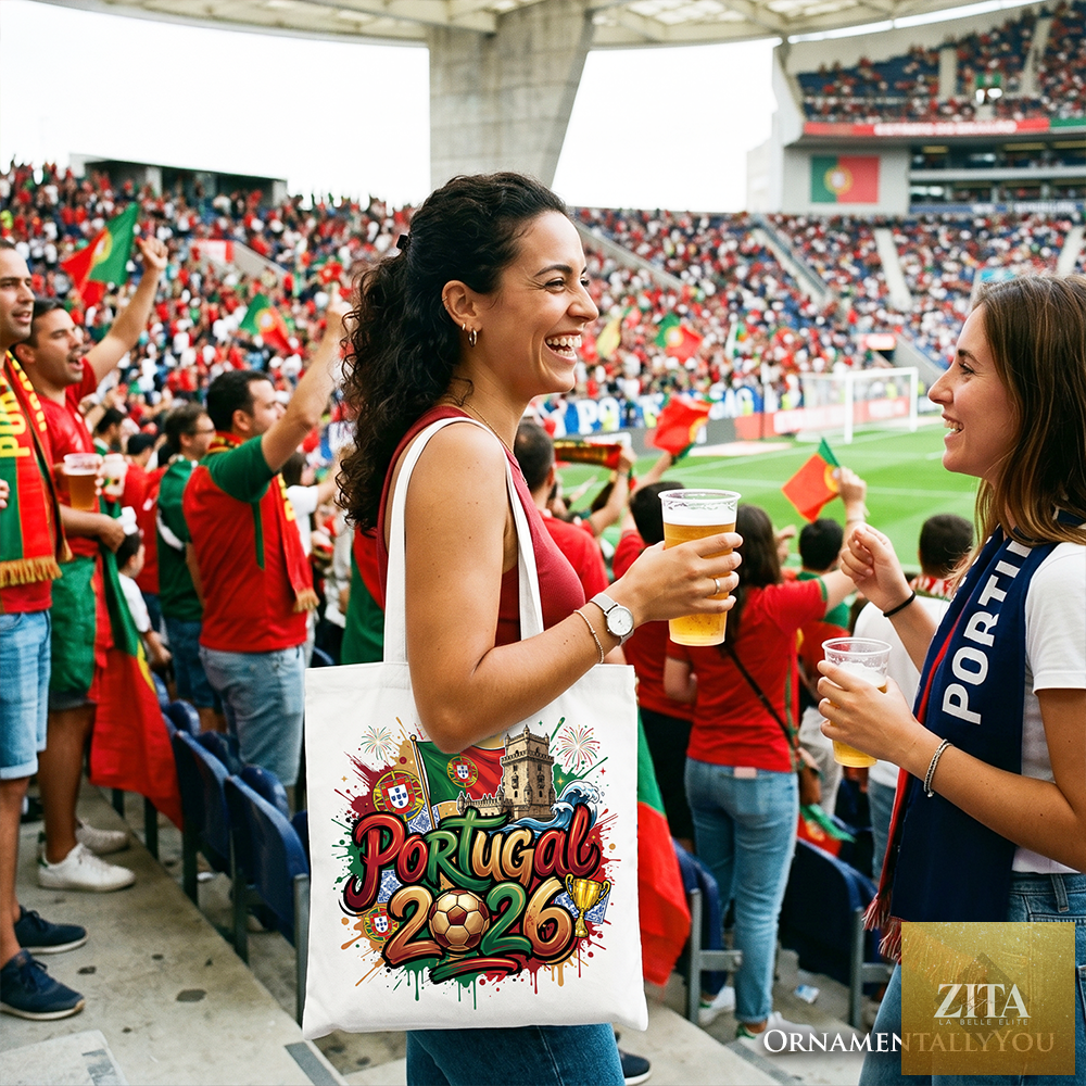 White Portugal 2026 Soccer Cup tote bag by Zita La Belle Elite, featuring a fan football design perfect for global championship supporters.