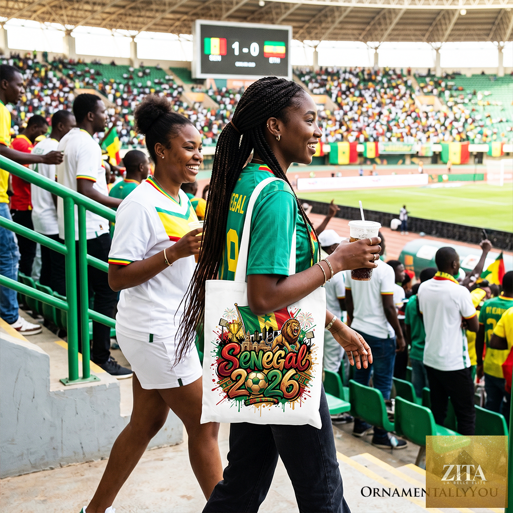 White Senegal 2026 Soccer Cup tote bag by Zita La Belle Elite, featuring team logo and football design for fans and shoppers.