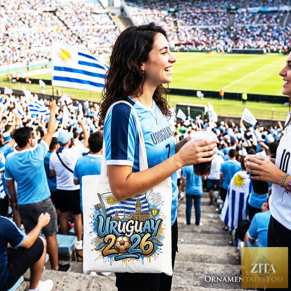 White Uruguay 2026 Soccer Cup tote bag by Zita La Belle Elite featuring global championship graphics, ideal for football fans.