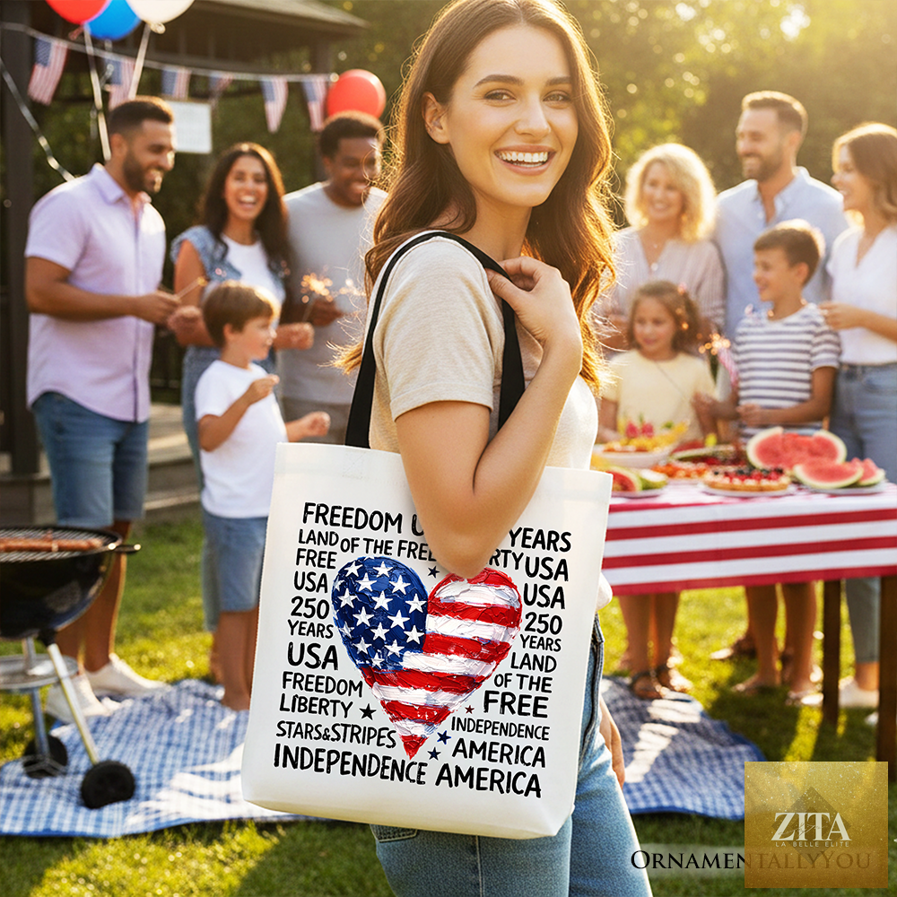USA 250 Heart patriotic tote bag by OrnamentallyYou featuring red, white, and black design, perfect for 4th of July celebrations.