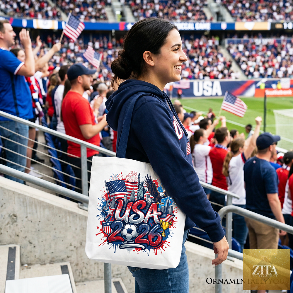 White and navy USA 2026 Soccer Cup tote bag by Zita La Belle Elite, featuring patriotic fan and football graphics for sports enthusiasts.