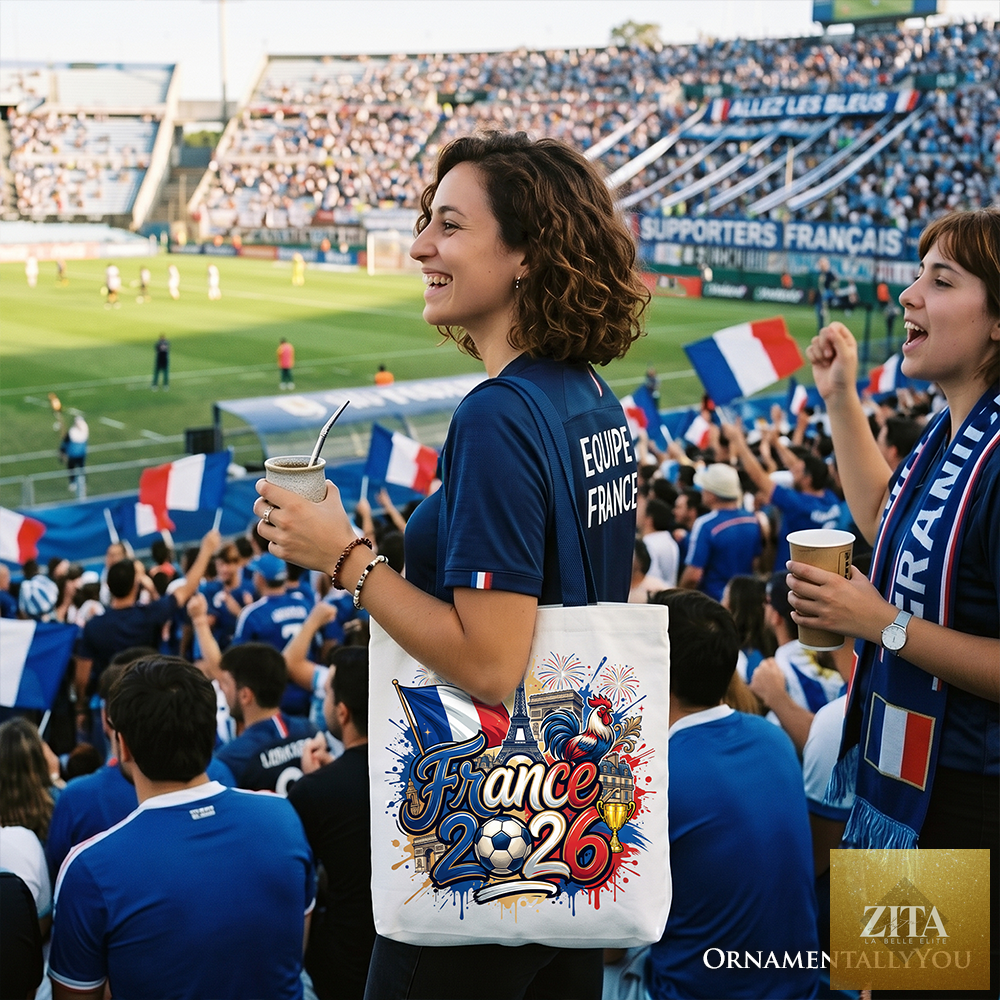 White and navy France 2026 Soccer Cup tote bag by Zita La Belle Elite, featuring global championship and football fan design.