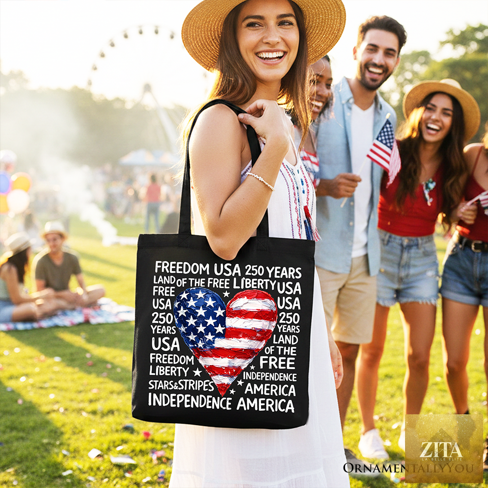 Black USA 250 Heart patriotic tote bag by OrnamentallyYou featuring a retro 4th of July design for shopping or gifts.