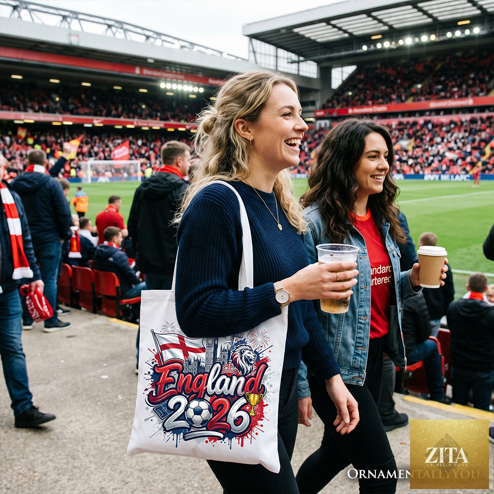 White England 2026 Soccer Cup tote bag by Zita La Belle Elite featuring football-themed design for fans and sports enthusiasts.
