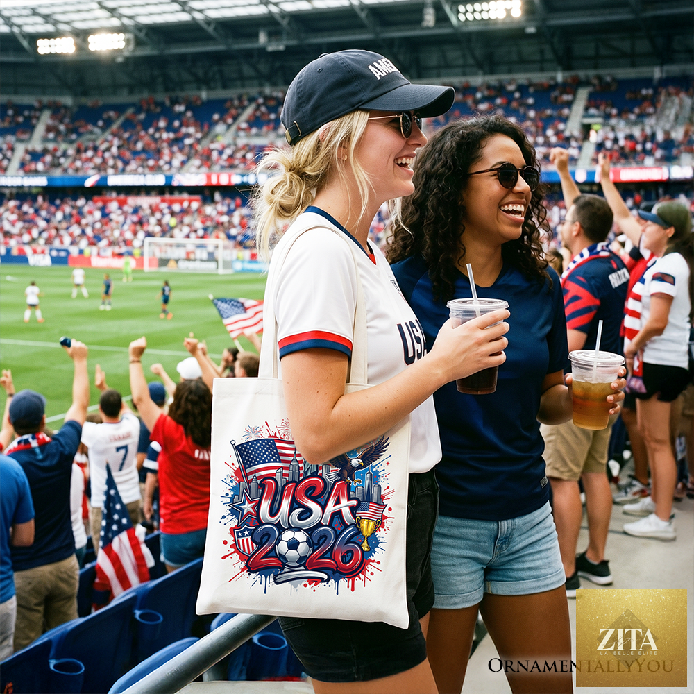 White Zita La Belle Elite USA 2026 Soccer Cup tote bag with global championship design, ideal for fans and football supporters.