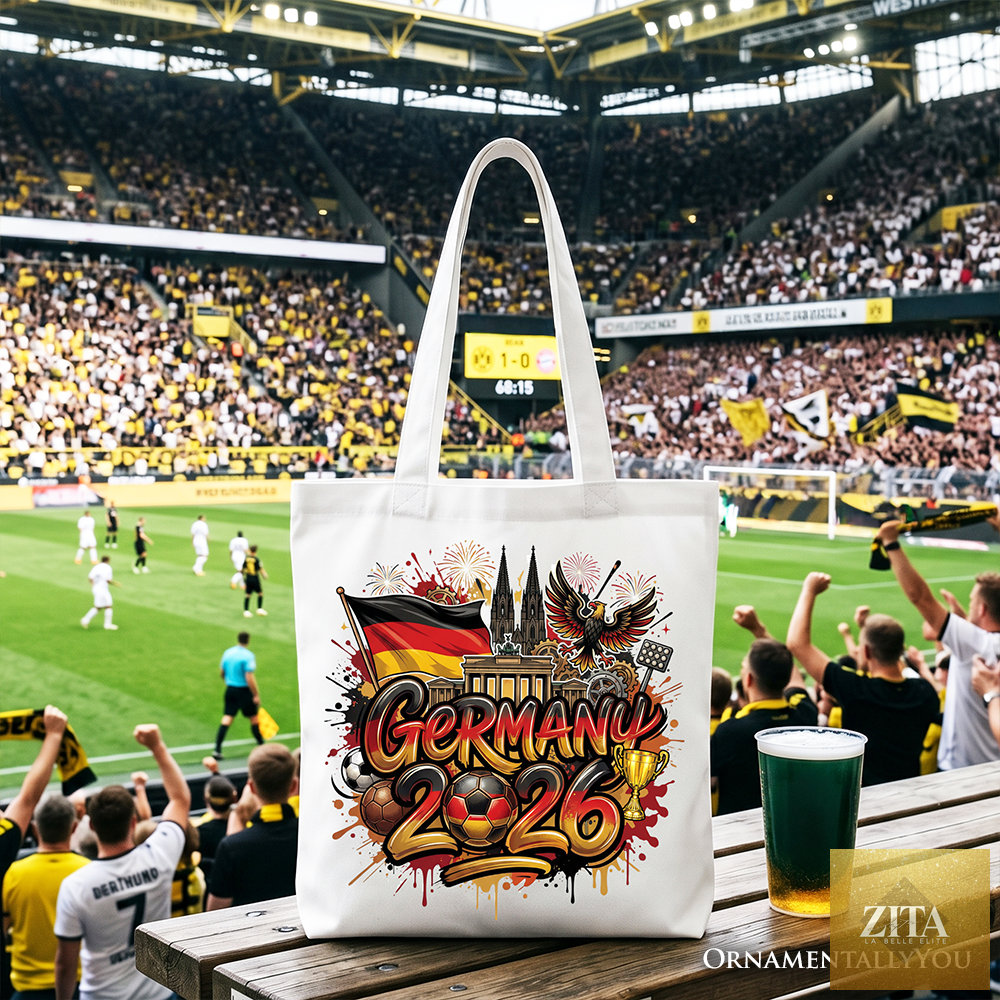 White tote bag featuring Germany 2026 Soccer Cup global championship logo, ideal for fans and football gift shoppers.