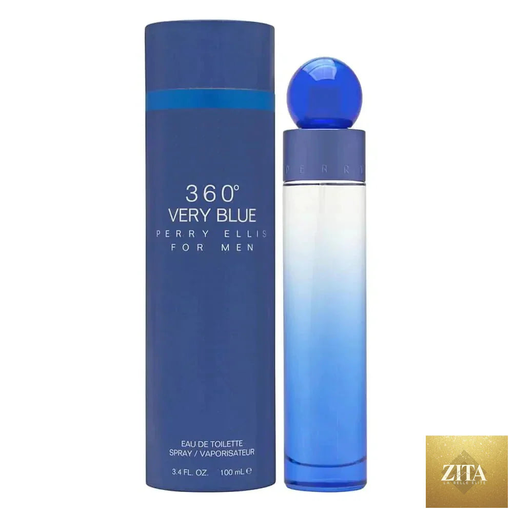 Mandotos Perry Ellis 360 Blue Essence men's cologne bottle, 3.4 oz, with sleek blue and silver design.