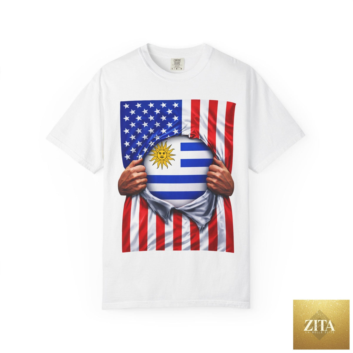 Front view of Latinos 4 The World Uruguay and USA flag pride T-shirt, featuring a bold rip design on heavyweight cotton fabric.