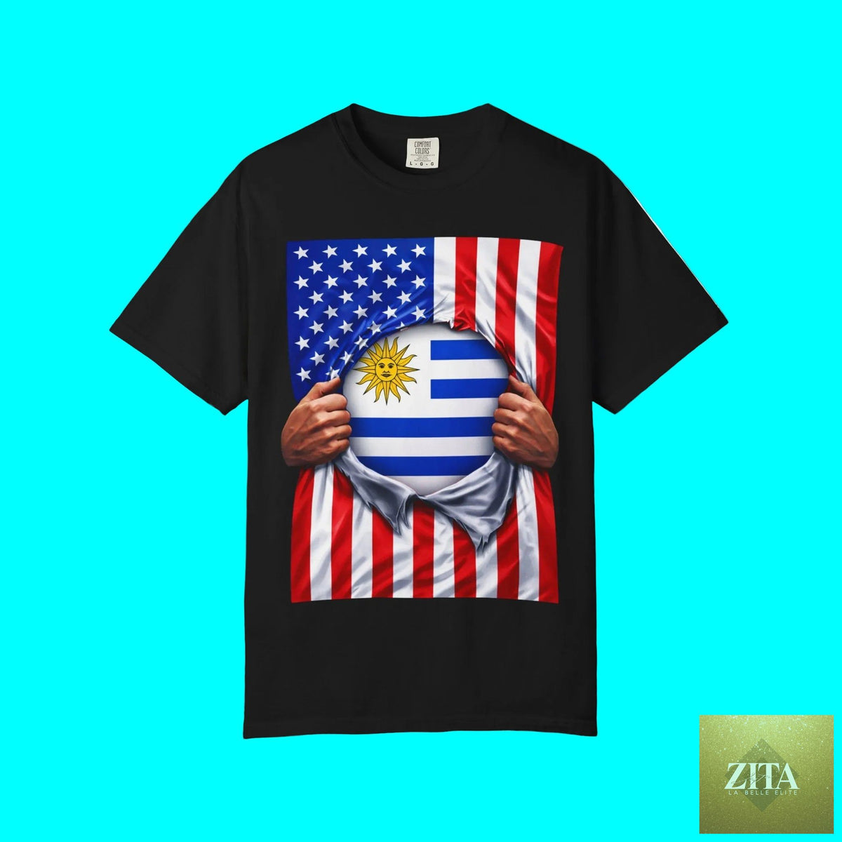 Front view of Latinos 4 The World Uruguay and USA flag pride T-shirt featuring ripped design, heavyweight cotton fabric.