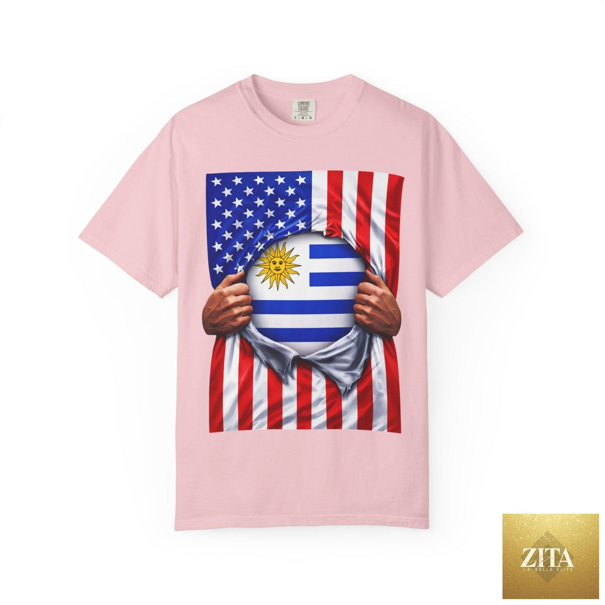 Front view of Latinos 4 The World Uruguay and USA flag pride T-shirt with rip design, made of heavyweight cotton.