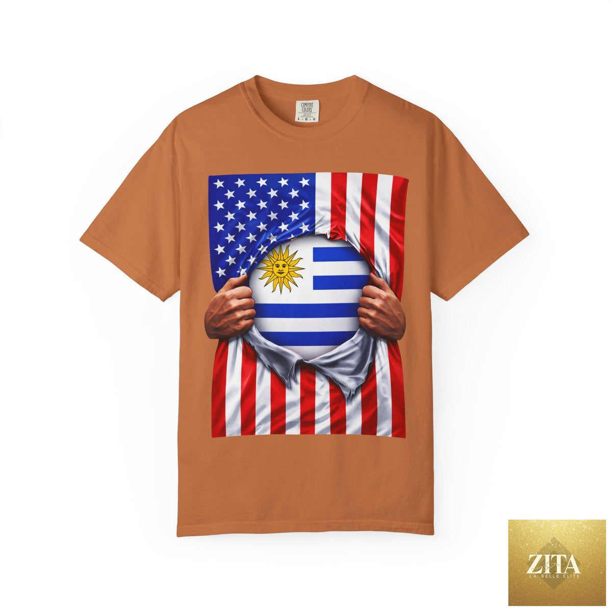 Front view of Latinos 4 The World T-shirt featuring Uruguay and USA flags, lightweight cotton, patriotic pride design.