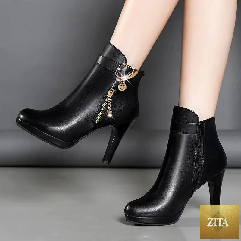 Warm winter women's ankle boots with chunky heels, stylish and cozy footwear from Trendy Attic Store01.