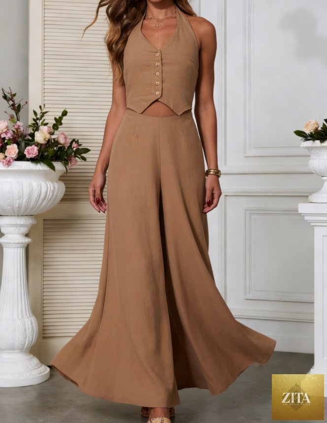 Linen vest wide-leg jumpsuit by SHOMICOBOUTIQUE featuring a relaxed fit and lightweight fabric, displayed on a mannequin.