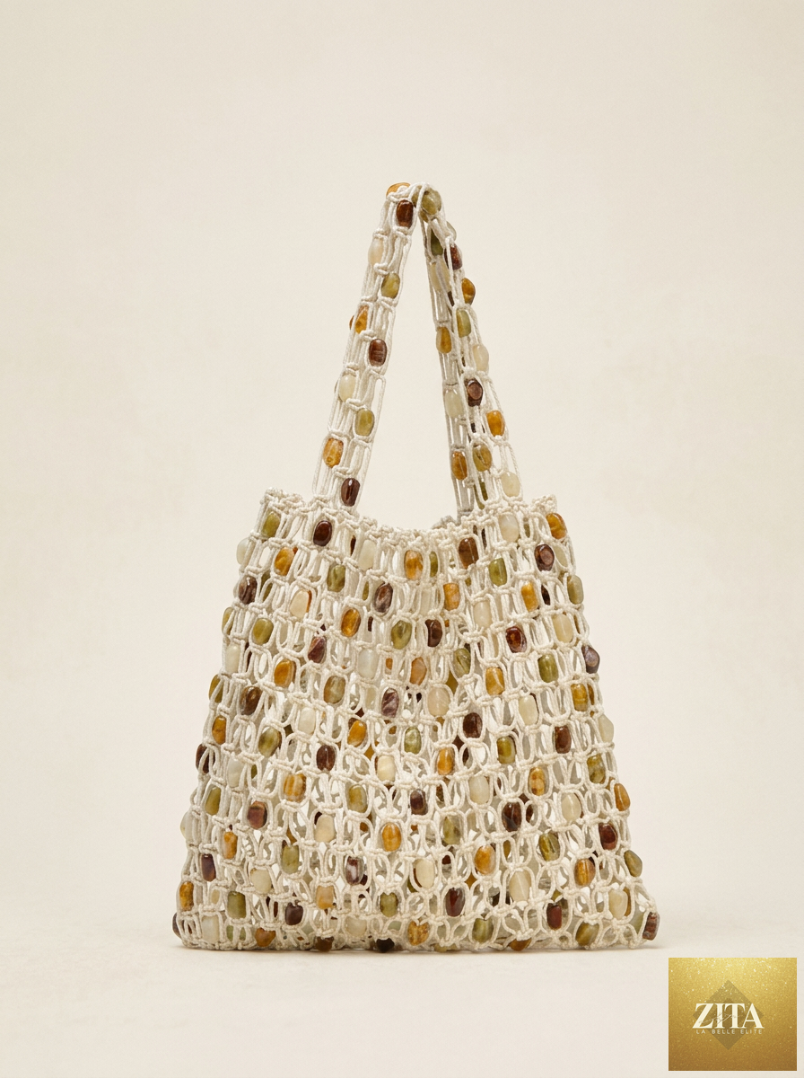 Handwoven LINTICO artisanal crochet tote bag with gem bead accents, casual mesh design, perfect for beach or shoulder carrying.