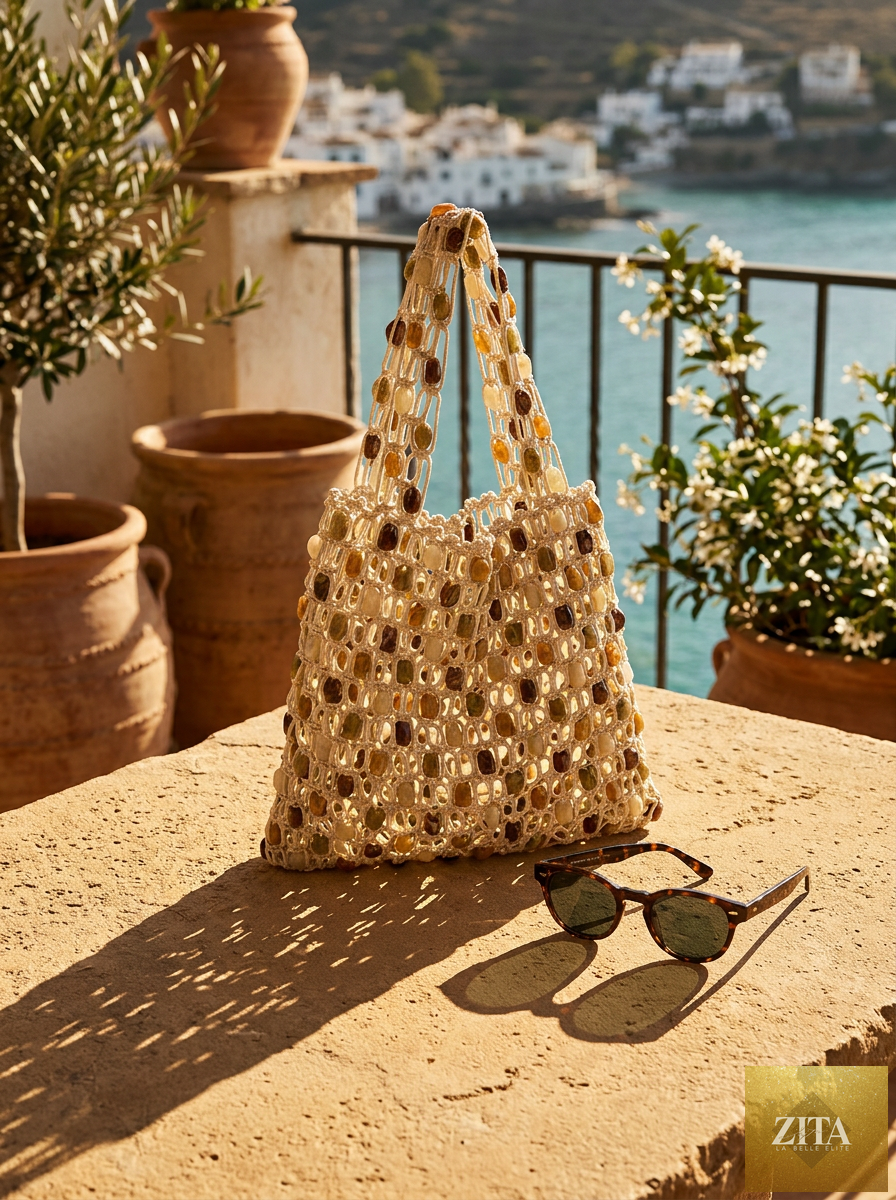 LINTICO artisanal handwoven gem bead crochet tote bag with mesh design, casual shoulder bag for beach or everyday use.