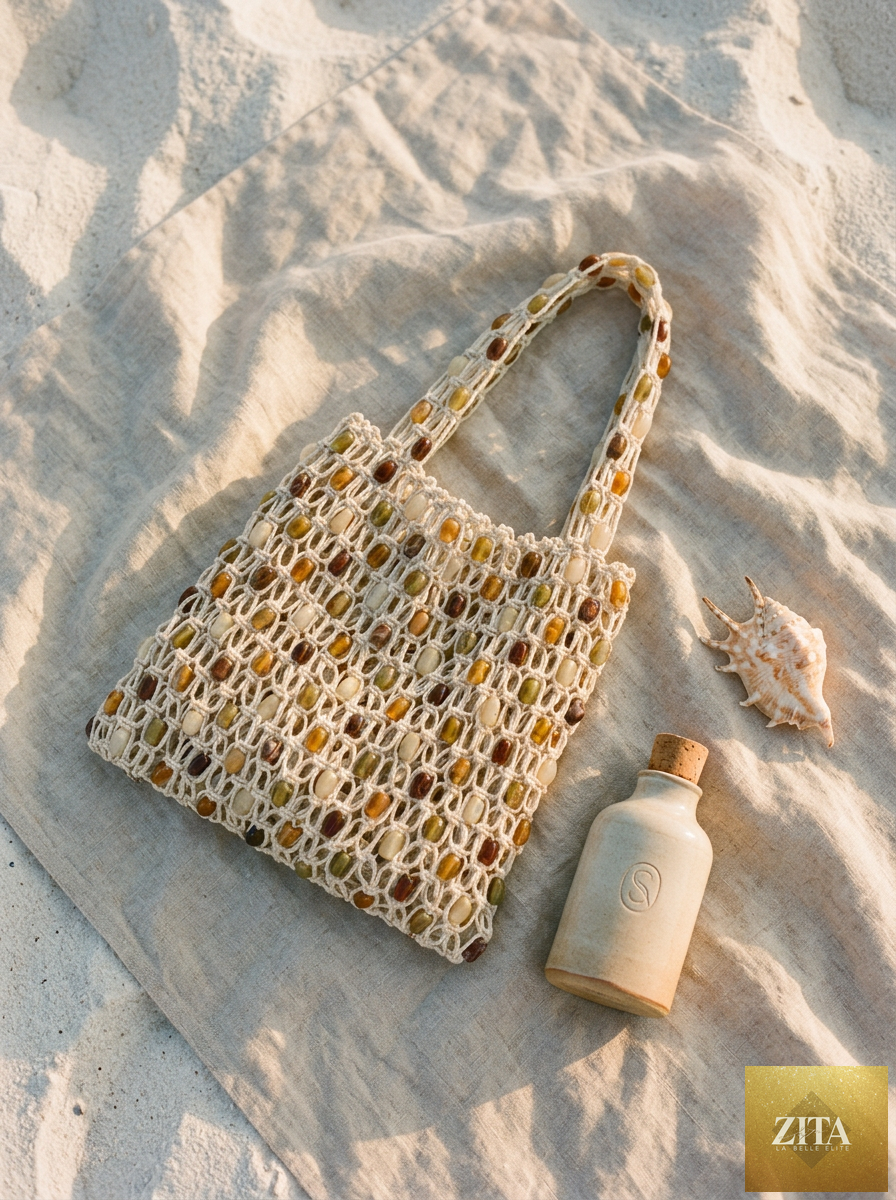 LINTICO artisanal handwoven gem bead crochet tote bag with casual mesh design, perfect for beach or shoulder carry.