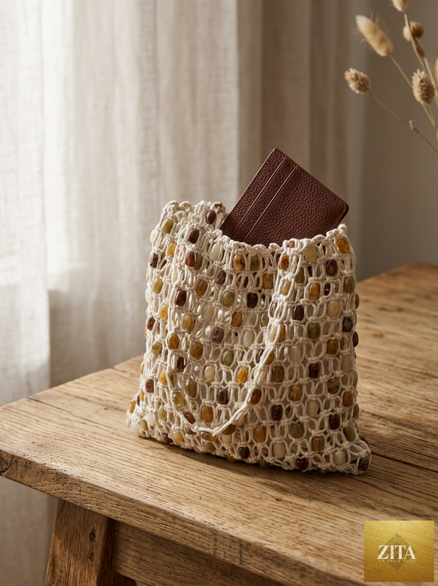 LINTICO artisanal handwoven gem bead crochet tote bag with mesh design, perfect for casual outings and beach use.
