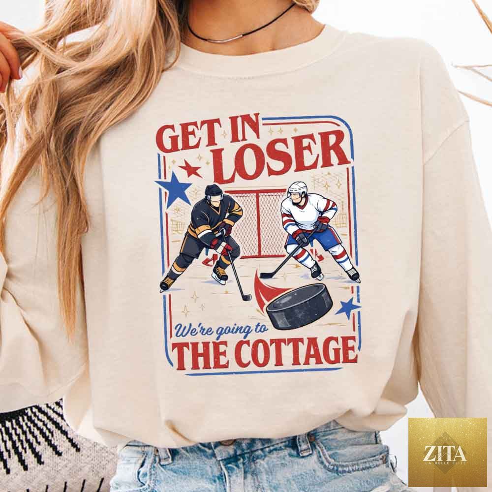 Comfort Colors long sleeve shirt featuring "Get In Loser, We’re Going to the Cottage" hockey romance BookTok design by Adorb Custom Tees.