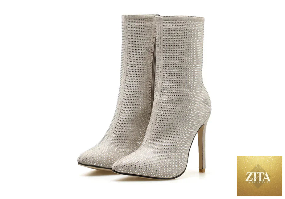 Women rhinestone high heel boots with pointed toe, stylish women’s footwear featuring sparkling embellishments and sleek design.