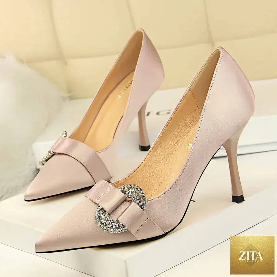 Elegant satin pointed toe high heel shoes for women with rhinestone buckle details, stylish Trendy Attic Store01 footwear.