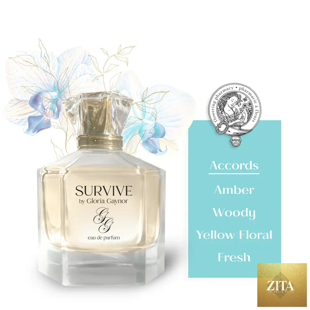 Gloria Gaynor SURVIVE eau de parfum by Best Clean Beauty, featuring a stylish perfume bottle with floral and citrus notes.
