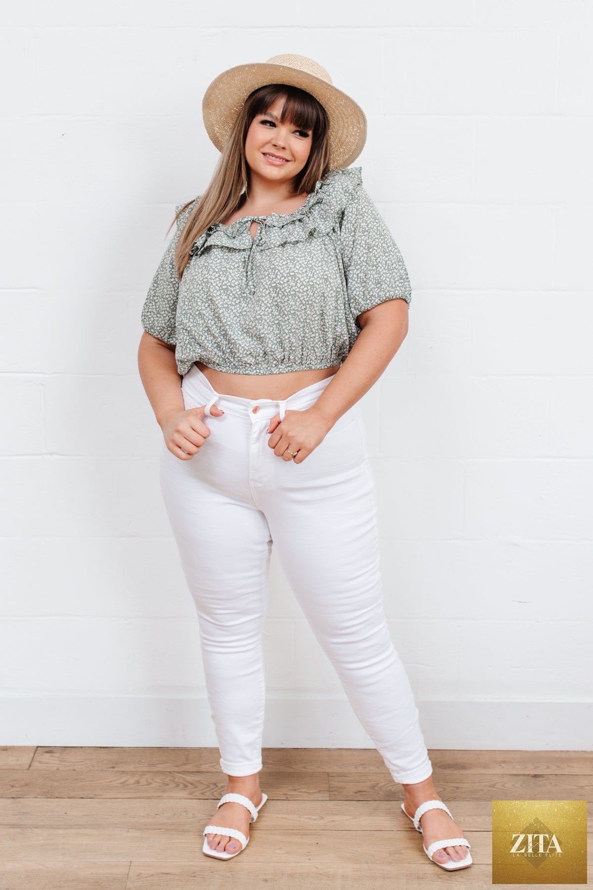 Women’s Golden Hour Top in Sage by Thread & Co. Boutique, LLC, featuring a stylish, flowy design with long sleeves.