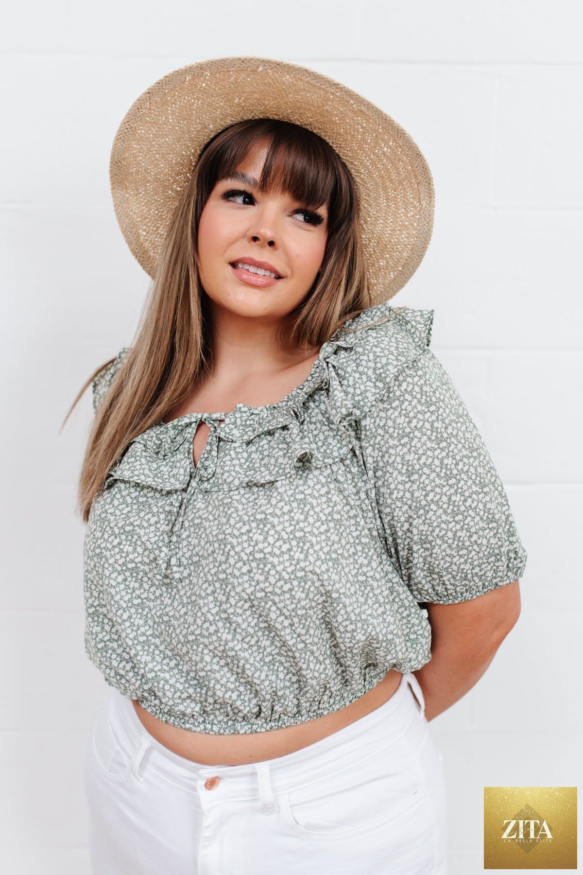 Womens Golden Hour Top in sage green by Thread & Co. Boutique, LLC, featuring a stylish, lightweight blouse with a relaxed fit.