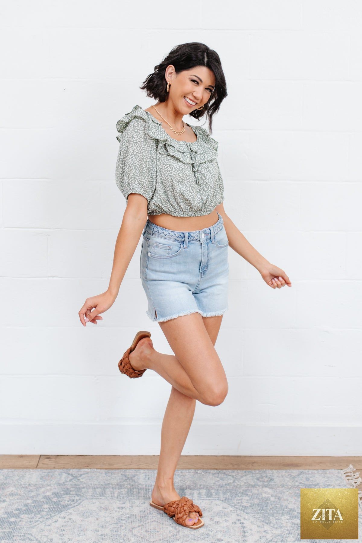 Women's Golden Hour Top in sage green by Thread & Co. Boutique, LLC, showing a stylish, relaxed-fit blouse with long sleeves.