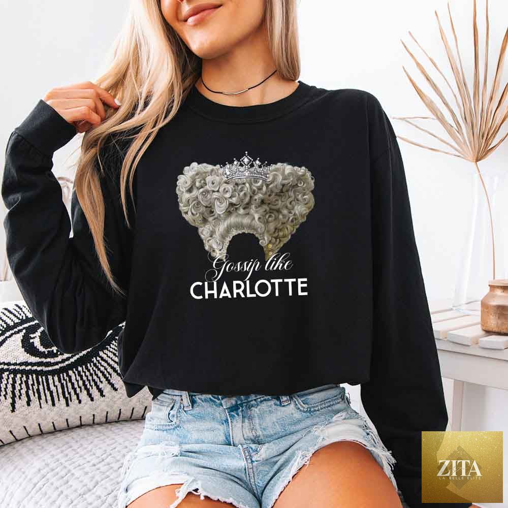 Black long sleeve shirt featuring Gossip Like Charlotte Comfort Colors branding, perfect for Historical Fiction BookTok fans.