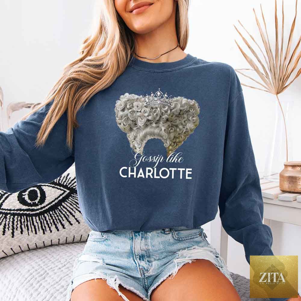 Blue long sleeve shirt by Adorb Custom Tees featuring "Gossip Like Charlotte" design on Comfort Colors fabric.
