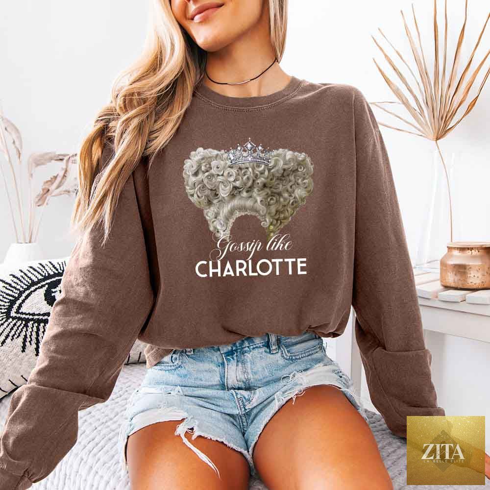 Long sleeve shirt from Adorb Custom Tees featuring Gossip Like Charlotte Comfort Colors design in espresso color.